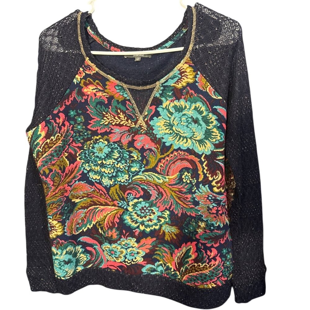 Miss Me‎ Womens L Floral Metallic Knit Sweater Navy & Multicolor Long Sleeve